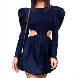 Zara Black Puff Sleeve Side Cut Out Bubble Skirt Mini Dress Size Medium